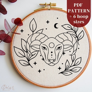 Aries Zodiac Sign Embroidery PDF Pattern, Astrology Hand Embroidery Design Template, Beginner Stitching Pattern, Astrological Handmade Gift