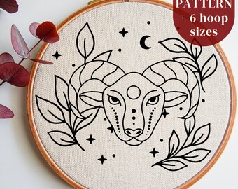 Aries Zodiac Sign Embroidery PDF Pattern, Astrology Hand Embroidery Design Template, Beginner Stitching Pattern, Astrological Handmade Gift
