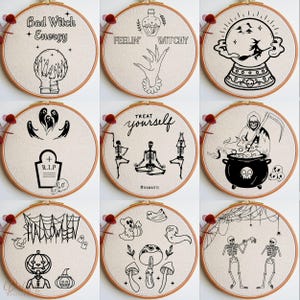 May include: Nine circular embroidery hoops with Halloween designs. Each features black line art on a beige fabric. Designs include a crystal ball, witchy hands, ghosts, a tombstone, skeletons, a cauldron, and the text "Bad Witch Energy", "Feelin' Witchy", "Treat Yourself", and "Halloween".
