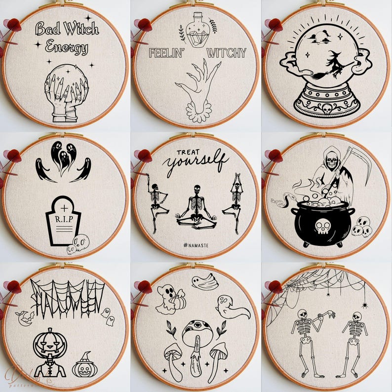 May include: Nine circular embroidery hoops with Halloween designs. Each features black line art on a beige fabric. Designs include a crystal ball, witchy hands, ghosts, a tombstone, skeletons, a cauldron, and the text "Bad Witch Energy", "Feelin' Witchy", "Treat Yourself", and "Halloween".