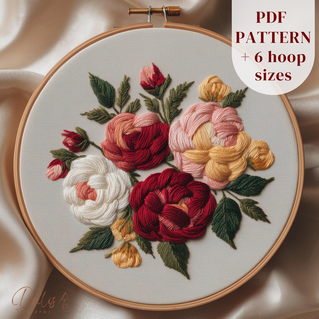 Modern Rose Embroidery Pattern, Floral Hoop Art Design PDF, DMC Colors ...