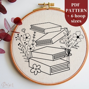 Floral Books Hand Embroidery Design, Bookish Embroidery Pattern, Beginners DIY Embroidery Template, Book Stack Stitching, Digital Download