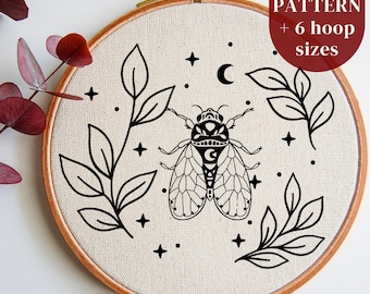 Modèle de motif de broderie insecte imprimable, cerceau de broderie insecte mystique, conception PDF d'art, couture pour débutants célestes, décoration Cottagecore
