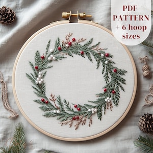 クリスマスリースの手刺繍パターン、冬のリースの刺繍PDFデザイン