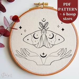Moth Embroidery PDF Pattern Download for Beginners, Mystical Embroidery Hoop Art Design, Whimsical Butterfly and Hands Stitching Template