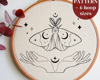 Modèle PDF de broderie papillon de nuit pour débutants, motif artistique de cerceau de broderie mystique, modèle de couture papillon fantaisiste et mains