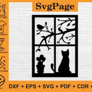 Cat on the window dxf Animal svg laser cut png files wall art sticker glowforge silhouette template cnc cutting digital instant download