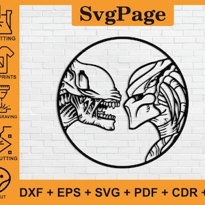Może przedstawiać: Czarno-biała ilustracja liniowa przedstawiająca kosmitę i drapieżnika stojących naprzeciw siebie. Kosmita znajduje się po lewej stronie, a drapieżnik po prawej. Obraz znajduje się w okręgu.
