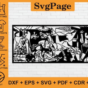 Guernica Pablo Picasso corte láser svg dxf archivos pared arte pegatina Glowforge silueta plantilla cnc corte vector digital descarga instantánea