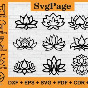 蓮の花、睡蓮、レーザーカット、SVG、DXF、PNGファイル、ウォールアートステッカー、Glowforge、シルエットテンプレート、CNCカッティング、デジタル、インスタントダウンロード