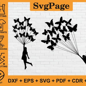 蝶と男の子女の子 dxf svg レーザーカット png pdf ファイル ウォールアート ステッカー glowforge テンプレート cnc 切断 デジタル ベクトル インスタントダウンロード