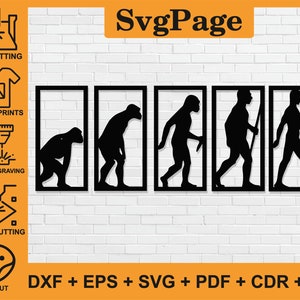 Pode incluir: Obra de arte em silhueta preta representando a evolução do homem. A obra é apresentada em cinco painéis emoldurados, ilustrando as etapas do desenvolvimento humano. Inclui o texto "SvgPage" e opções de formato de arquivo: DXF, EPS, SVG, PDF, CDR e AI.