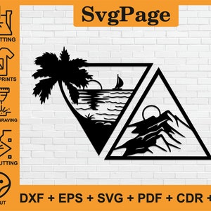 Mountain Sea Sun Palm Tree corte láser svg dxf archivos pared arte pegatina Glowforge calcomanía silueta plantilla cnc corte digital descarga instantánea