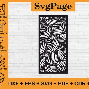 Puede incluir: Panel de diseño de hojas en blanco y negro. El panel presenta un patrón repetitivo de hojas estilizadas. La imagen también incluye el texto "SvgPage" e iconos para corte CNC, impresiones digitales, grabado láser, corte láser y Cricut.