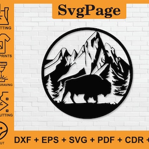 Puede incluir: Arte mural de metal negro que representa un bisonte caminando frente a montañas y árboles, encerrado en un marco circular. La imagen incluye el texto "SvgPage" y opciones de tipo de archivo: DXF, EPS, SVG, PDF, CDR y AI. Iconos para corte CNC, impresiones digitales, grabado láser, corte láser y Cricut.
