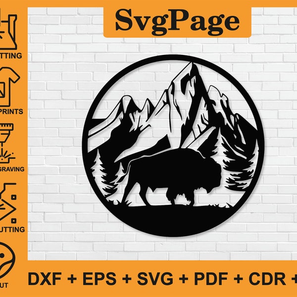 Bison Mountain Forest laser cut dxf svg png pdf files wall art sticker glowforge template cnc cutting digital vector instant download