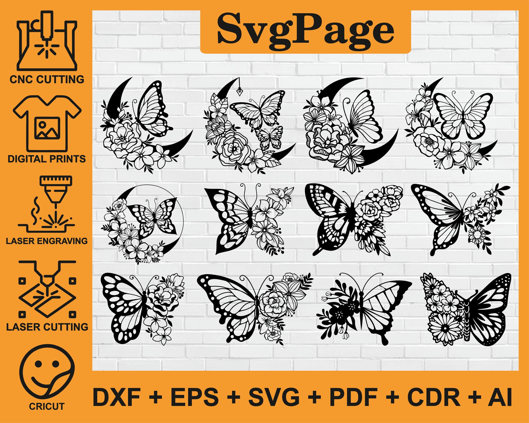 Buttefly Dxf Butterfly Dxf Floral Flowers Svg Laser Cut Png Pdf Files Wall Art ...