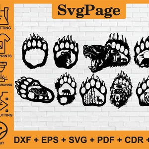 Bear Paw lasergesneden svg dxf png-bestanden muur kunst sticker glowforge sticker silhouet sjabloon cnc-snijden digitale vector instant download