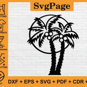 Archivos svg dxf cortados con láser de palmeras de playa tropical, calcomanías de arte de pared, plantilla de silueta de glowforge, enrutador de corte cnc, descarga instantánea digital