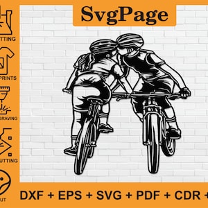 Fiets fiets paar laser gesneden SVG DXF-bestand muur sticker PDF silhouet sjabloon CNC snijden router digitale vector Instant Download