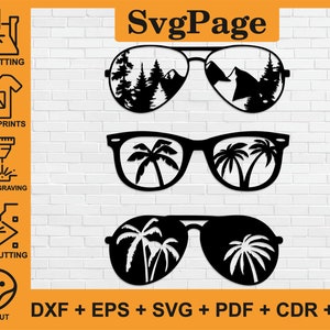 Gafas de sol Mountain Palm Tree corte láser svg dxf archivos pared pegatina grabado calcomanía plantilla cnc corte router digital vector impresión descarga
