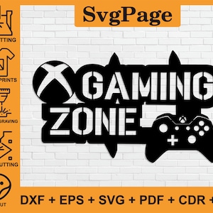 May include: Black metal "Gaming Zone" sign with a controller and Xbox logo. The sign includes the text "SvgPage" and file type options: DXF, EPS, SVG, PDF, CDR, and AI. The sign is designed for CNC cutting, digital prints, laser engraving, laser cutting, and Cricut.