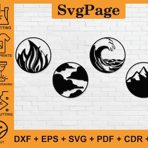 Puede incluir: Cinco diseños circulares en blanco y negro sobre una pared de ladrillo blanco. Los diseños son de una llama, una ola, nubes, montañas y un sol. El texto "SvgPage" está en la parte superior de la imagen y el texto "DXF + EPS + SVG + PDF + CDR + AI" está en la parte inferior de la imagen.
