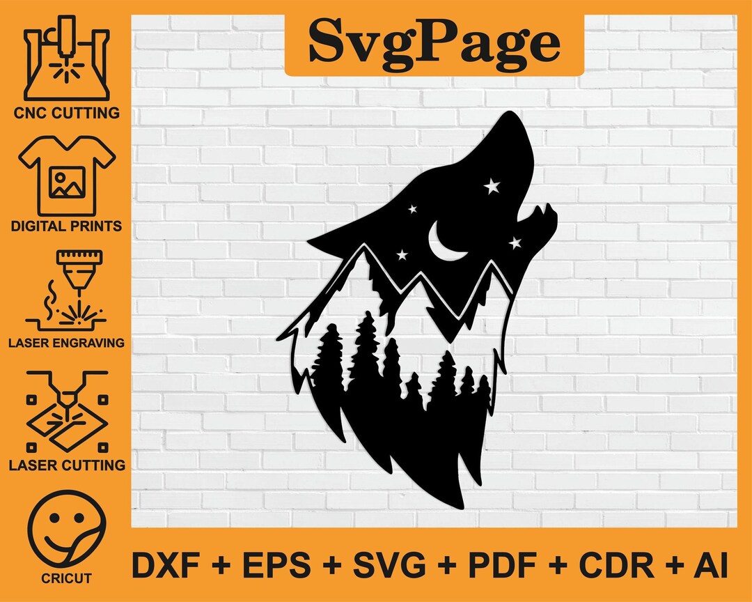 Wolf Mountain Laser Cut Svg Dxf Files Wall Sticker Engraving Decal ...