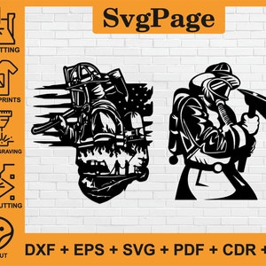 Könnte beinhalten: Schwarze und weiße Silhouette eines Feuerwehrmanns, der eine Axt hält, mit einer amerikanischen Flagge im Hintergrund. Der Feuerwehrmann trägt einen Helm und eine Gasmaske. Das Bild eignet sich für die Verwendung in Handarbeiten wie Laserschneiden, CNC-Schneiden und digitalem Drucken.