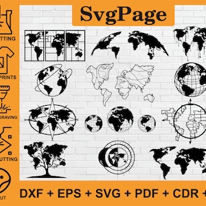 World Globe Map corte láser svg dxf png archivos pared arte calcomanía pegatina Glowforge silueta plantilla cnc corte router digital descarga instantánea