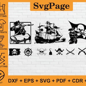 Pirate Ship Treasure laser cut svg dxf png files wall art sticker glowforge silhouette template cnc cutting router digital instant download