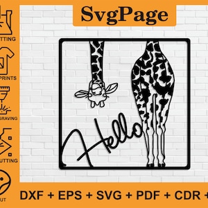 Bonjour Girafe dxf Animal svg découpé au laser fichiers png sticker art mural Glowforge silhouette modèle CNC routeur de découpe Téléchargement instantané numérique