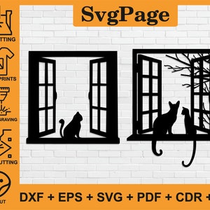 Cat Kitten Window laser cut svg dxf png files wall art sticker glowforge silhouette template cnc cutting router digital instant download