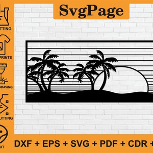 Puesta de sol Sol Mar Palmera Paisaje corte láser svg pdf dxf png archivos arte de la pared pegatina plantilla glowforge corte cnc descarga vectorial digital
