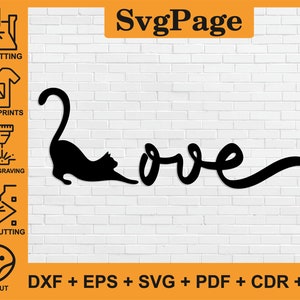 Cat Kitten Love laser cut svg dxf png files wall art decal sticker glowforge silhouette template cnc cutting router digital instant download
