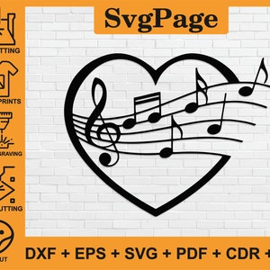 Music dxf Note svg Heart Love laser cut files wall art sticker glowforge engraving silhouette template cnc cutting digital instant download