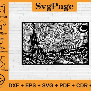 La noche estrellada Van Gogh dxf corte láser svg png archivos pared arte pegatina Glowforge plantilla cnc corte vector digital descarga instantánea