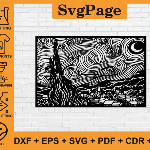 The Starry Night Van Gogh dxf laser cut svg png files wall art sticker glowforge template cnc cutting digital vector instant download