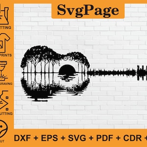 Gitaar boom zonsondergang lasergesneden SVG DXF-bestand muur sticker PDF silhouet sjabloon CNC snijden router digitale vector Instant Download