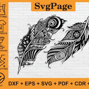 May include: Two black and white intricate feather designs with swirling patterns. The feathers are overlapping and facing opposite directions. The image is on a white brick background.