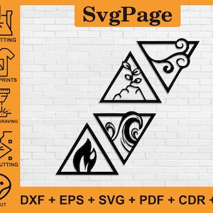 Könnte beinhalten: Schwarzweißes digitales Design von vier Dreiecken, die jeweils ein anderes Element enthalten: Erde, Wasser, Feuer und Luft. Das Design ist mit "SvgPage" beschriftet und enthält den Text "DXF + EPS + SVG + PDF + CDR + AI".