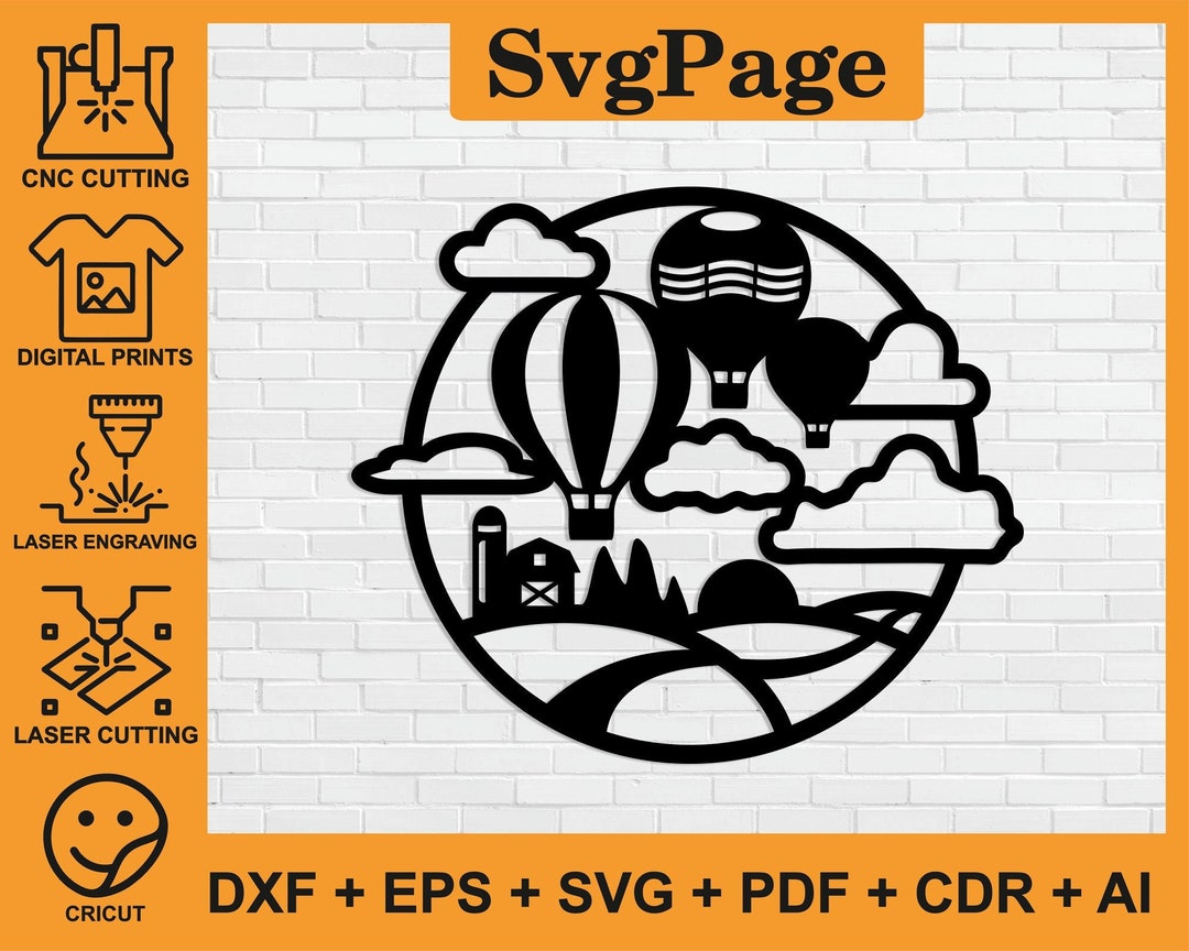 Hot Air Balloon Sun Cloud Laser Cut Svg Dxf Files Wall Sticker ...