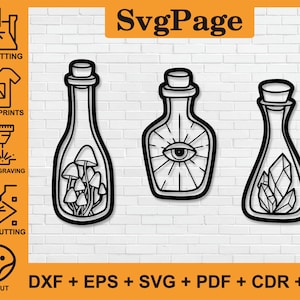 May include: Three black and white line art illustrations of glass bottles with different contents. The first bottle contains mushrooms, the second bottle contains an eye with rays of light, and the third bottle contains crystals.