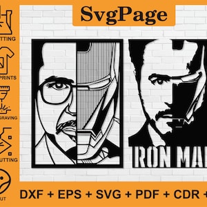 May include: Black and white digital illustration of Tony Stark and Iron Man. The image is split in half, with Tony Stark on the left and Iron Man on the right. The text "IRON MAN" is below the image.