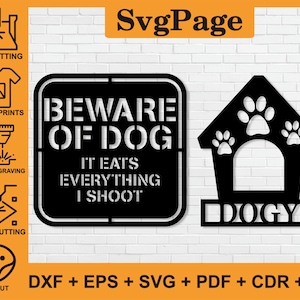 Beware of Dog Dogy House laser cut svg dxf files wall art sticker glowforge silhouette template cnc cutting digital vector instant download