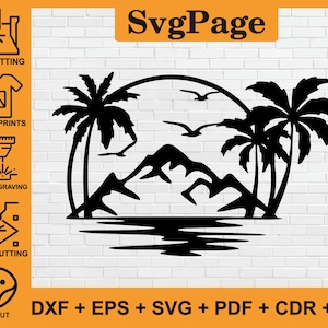Palm Tree Ocean Mountain corte láser svg dxf png archivos pared arte pegatina glowforge silueta plantilla cnc corte descarga digital instantánea