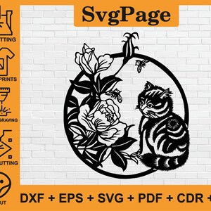 Cat Kitten Flowers laser cut svg dxf png files wall art sticker glowforge silhouette template cnc cutting router digital instant download