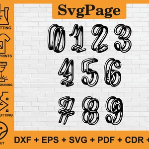 Puede incluir: Números negros delineados del 0 al 9 en una fuente estilizada. Los números se muestran sobre un fondo de pared de ladrillo blanco. La imagen también incluye el texto "SvgPage" y opciones de formato de archivo.