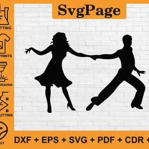 Peut inclure: Silhouette noire d'un couple dansant, la femme en robe et l'homme en pantalon, sur fond de mur en briques blanches. Le texte "SvgPage" est en haut de l'image et "DXF + EPS + SVG + PDF + CDR + AI" est en bas de l'image.