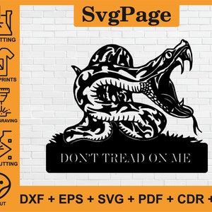 May include: Black and white silhouette of a snake with its mouth open, coiled in a defensive position. The snake is on a grassy surface with the text "DON'T TREAD ON ME" below it.